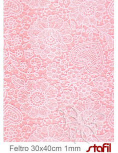 Foglio FELTRO 30x40cm 1mm PIZZO Rosa pastello - Bianco