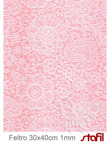 Foglio FELTRO 30x40cm 1mm PIZZO Rosa pastello - Bianco