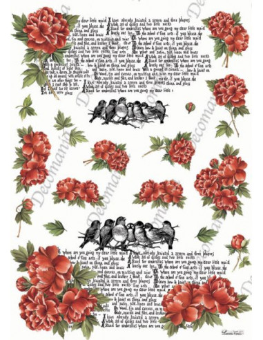 Carta riso Peonie rosse , Scritte, Uccellini